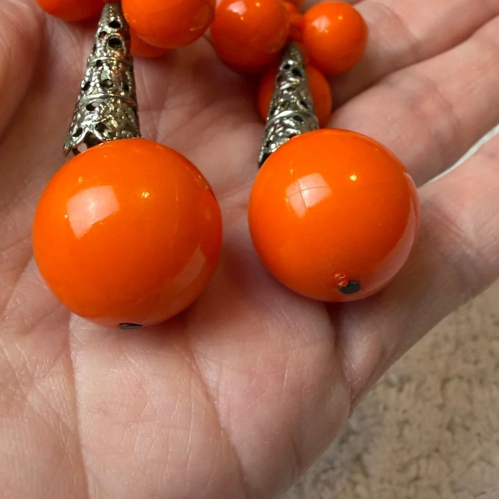 Retro Orange Cluster Bead Drop Earrings Silver Filigree Statement Dangle Boho